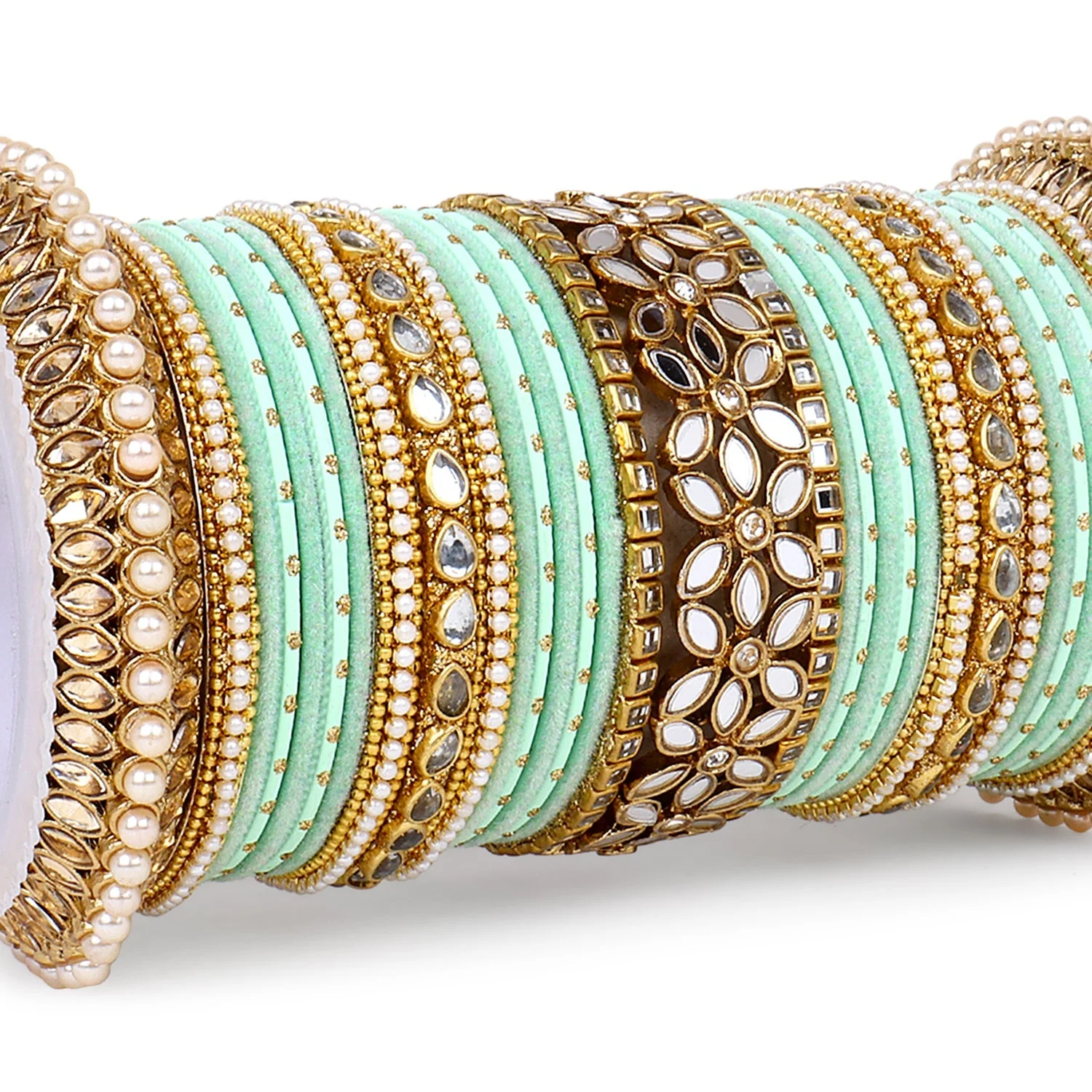 Bridal Bangle Set with Flower Mirror Kada and Pacheli by Leshya - Image 15