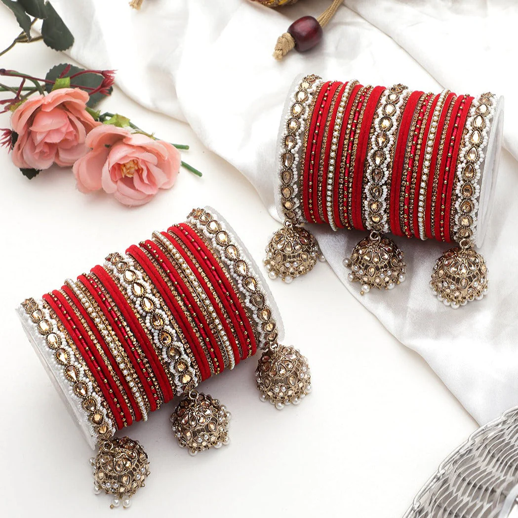 Bridal Tri-Jhumki Bangle Set with Velvet Bangles by Leshya - Image 3