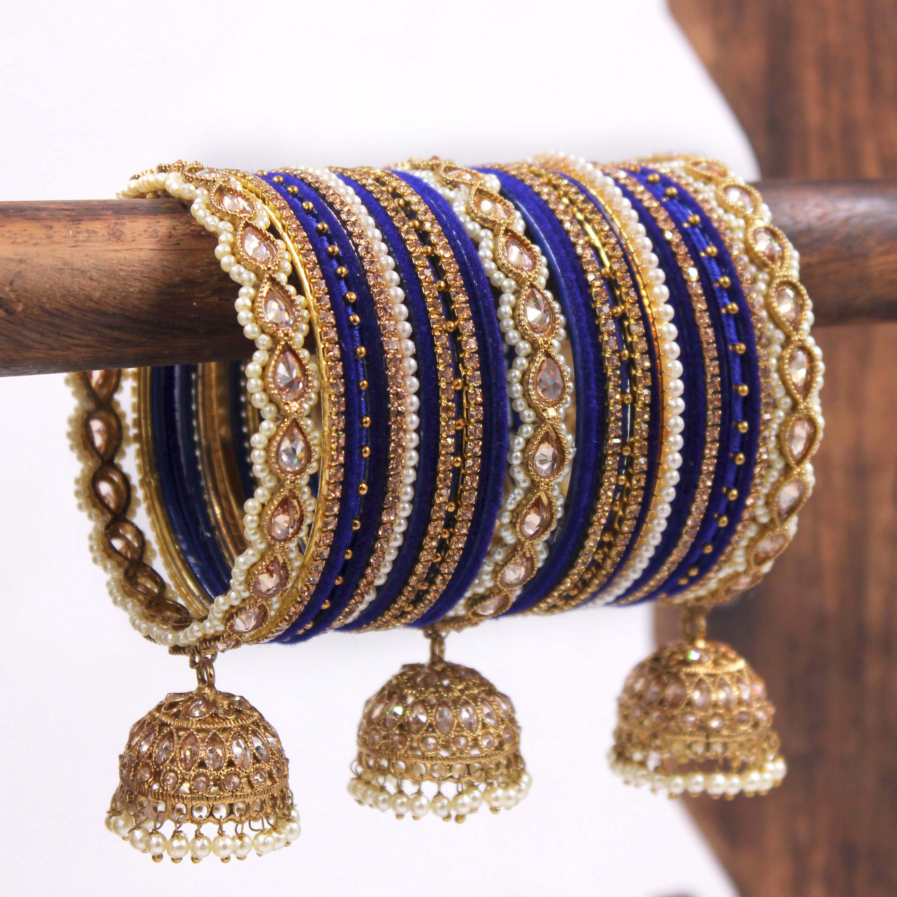 Bridal Tri-Jhumki Bangle Set with Velvet Bangles by Leshya - Image 8