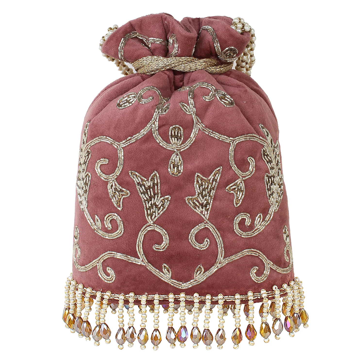 Embroided Velvet Potli with hanging beads for Bride by Leshya - Image 3
