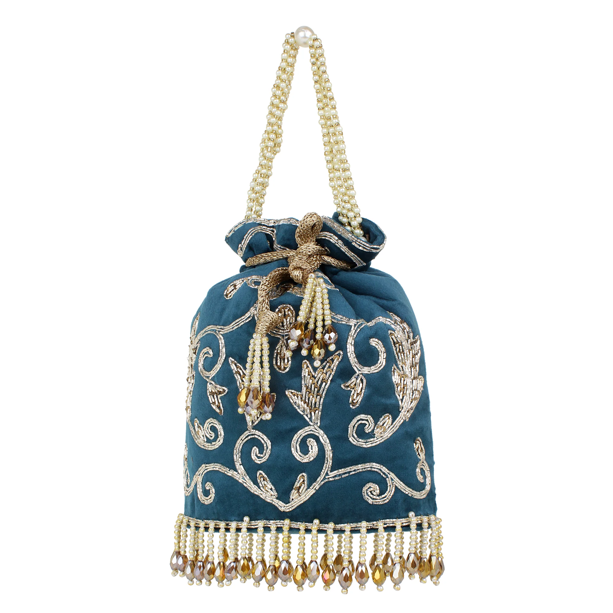 Embroided Velvet Potli with hanging beads for Bride by Leshya - Image 6