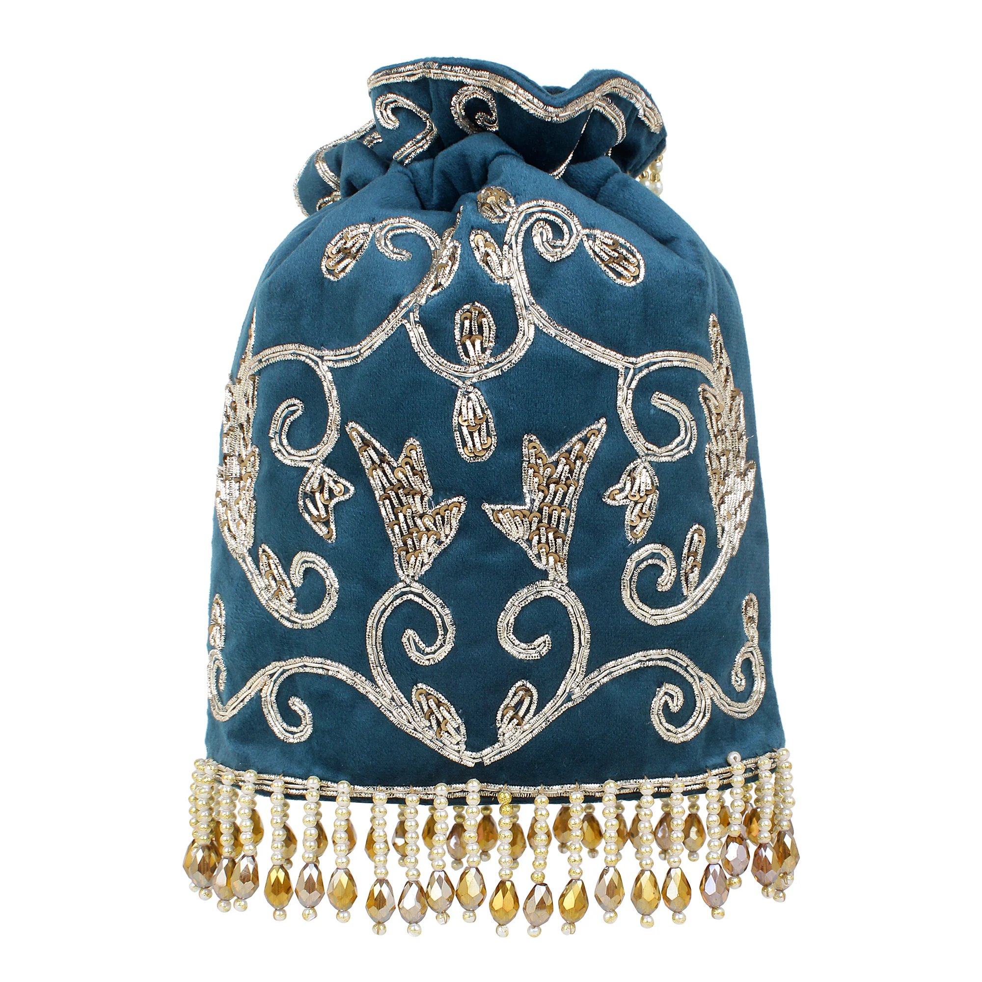 Embroided Velvet Potli with hanging beads for Bride by Leshya - Image 7