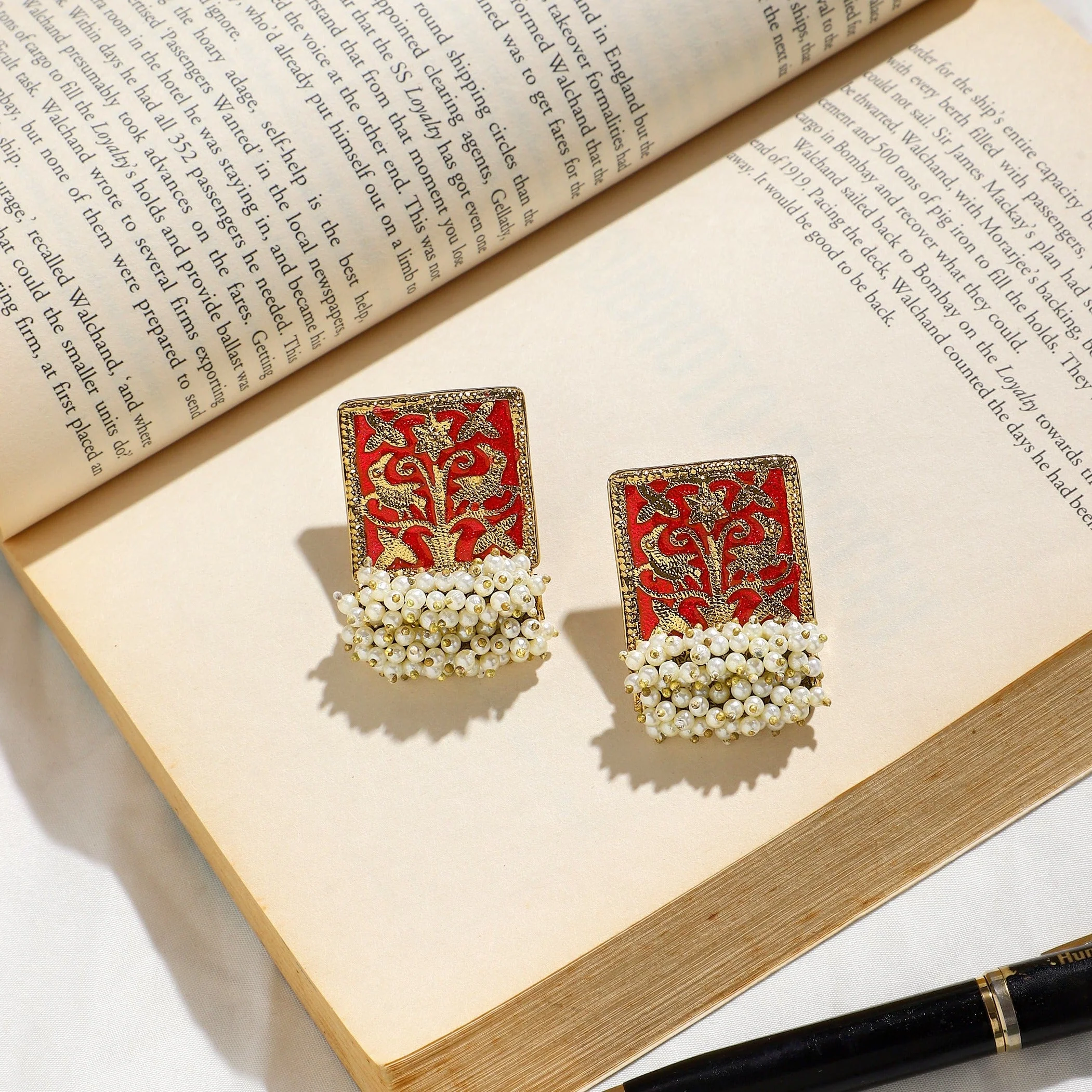 Enamel Earring with Gajra Pearl Border by Leshya - Image 3