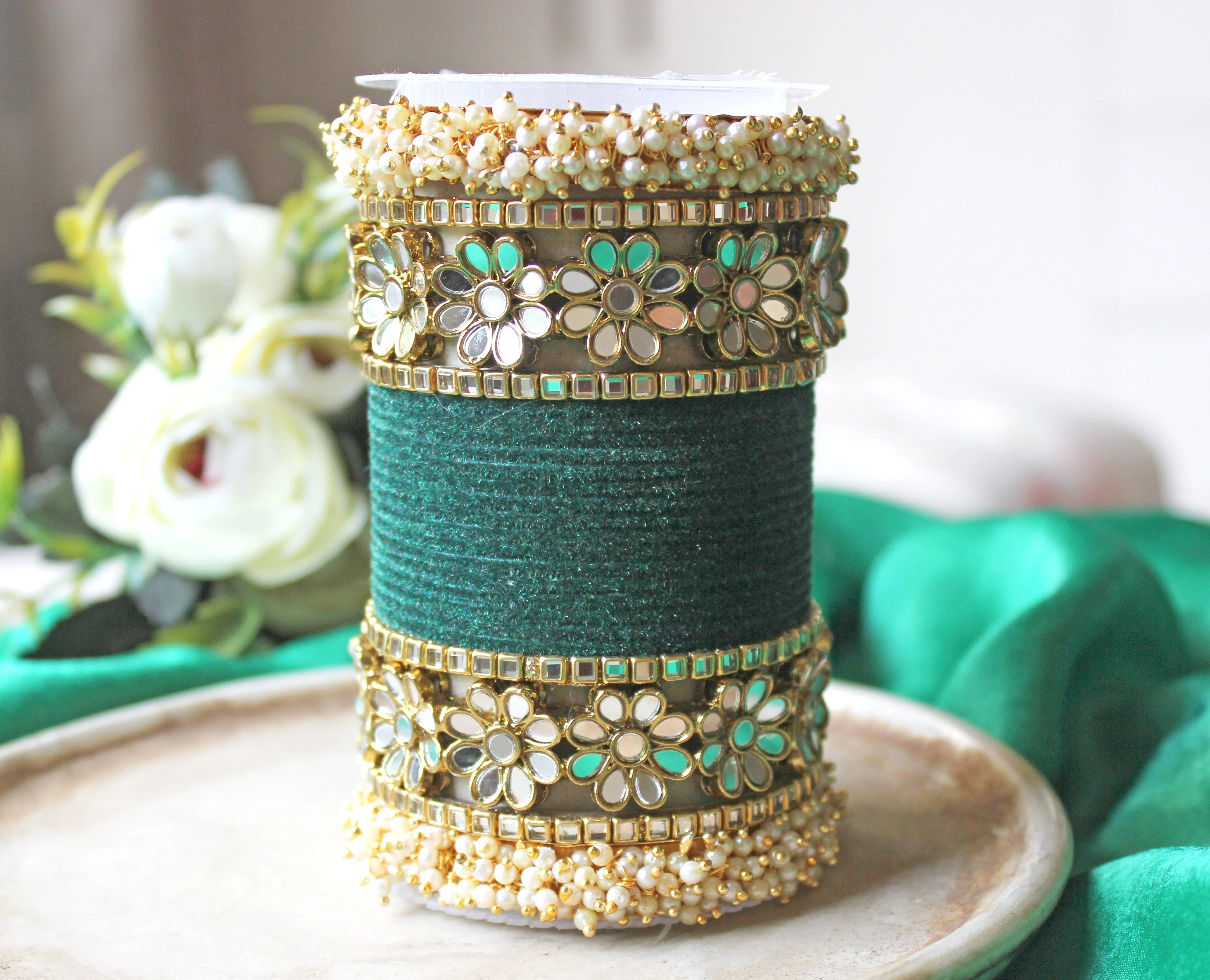 Flower Mirror Bangle Set with Velvet Bangles by Leshya - Image 17