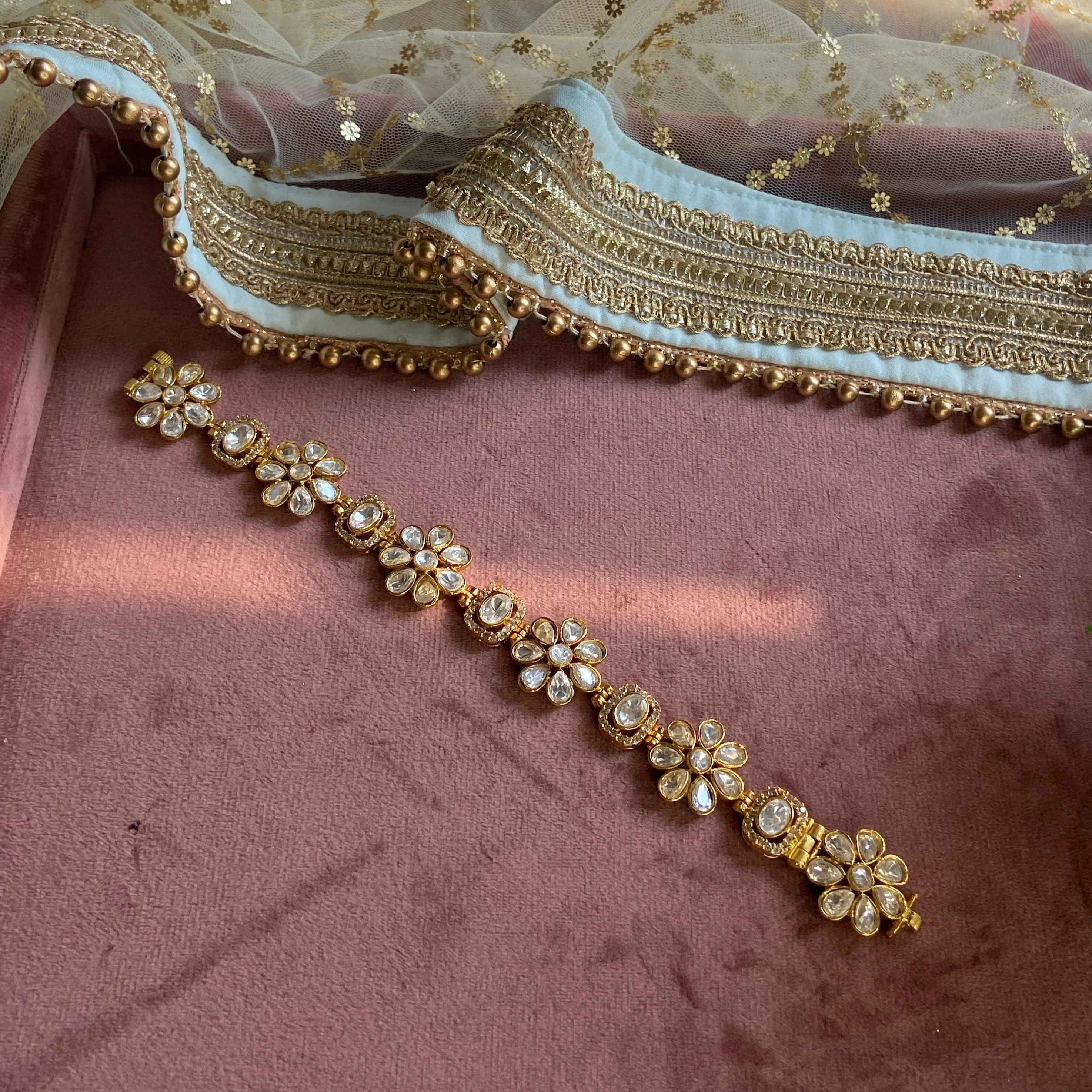 Flower shape Kundan stone chain bracelet - Image 2
