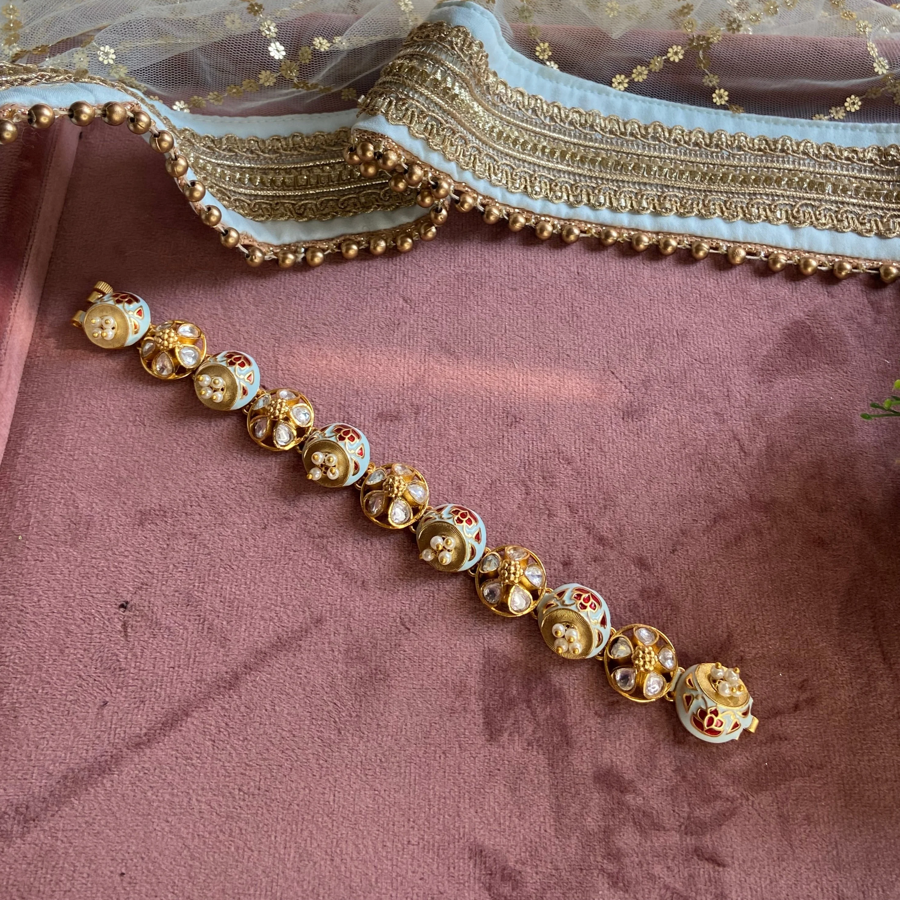 Flower shape Meenakari Kundan stone chain bracelet - Image 2