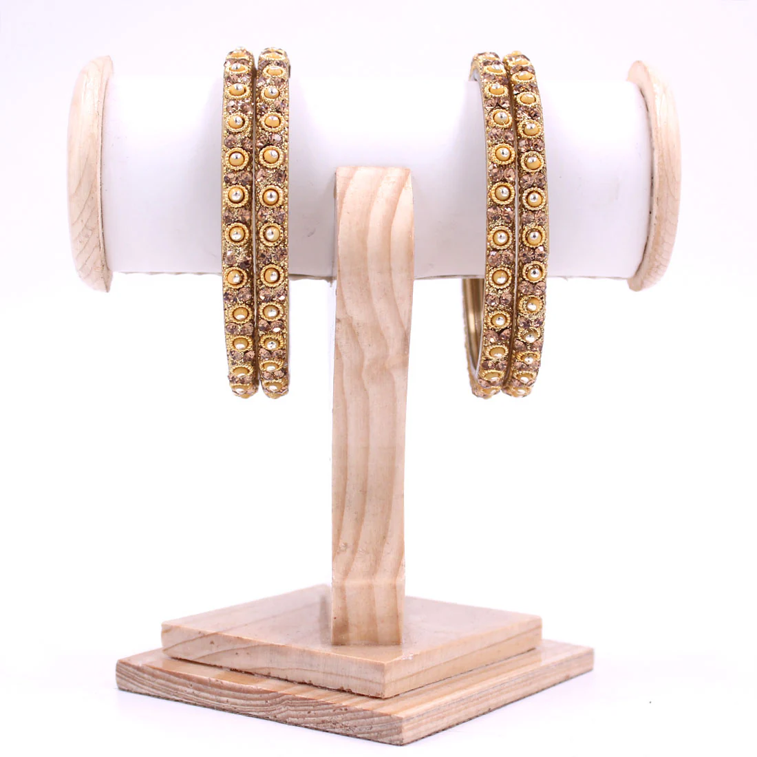 Set of 4 Golden Glass Bangles with Polki Beads by Leshya - Image 2