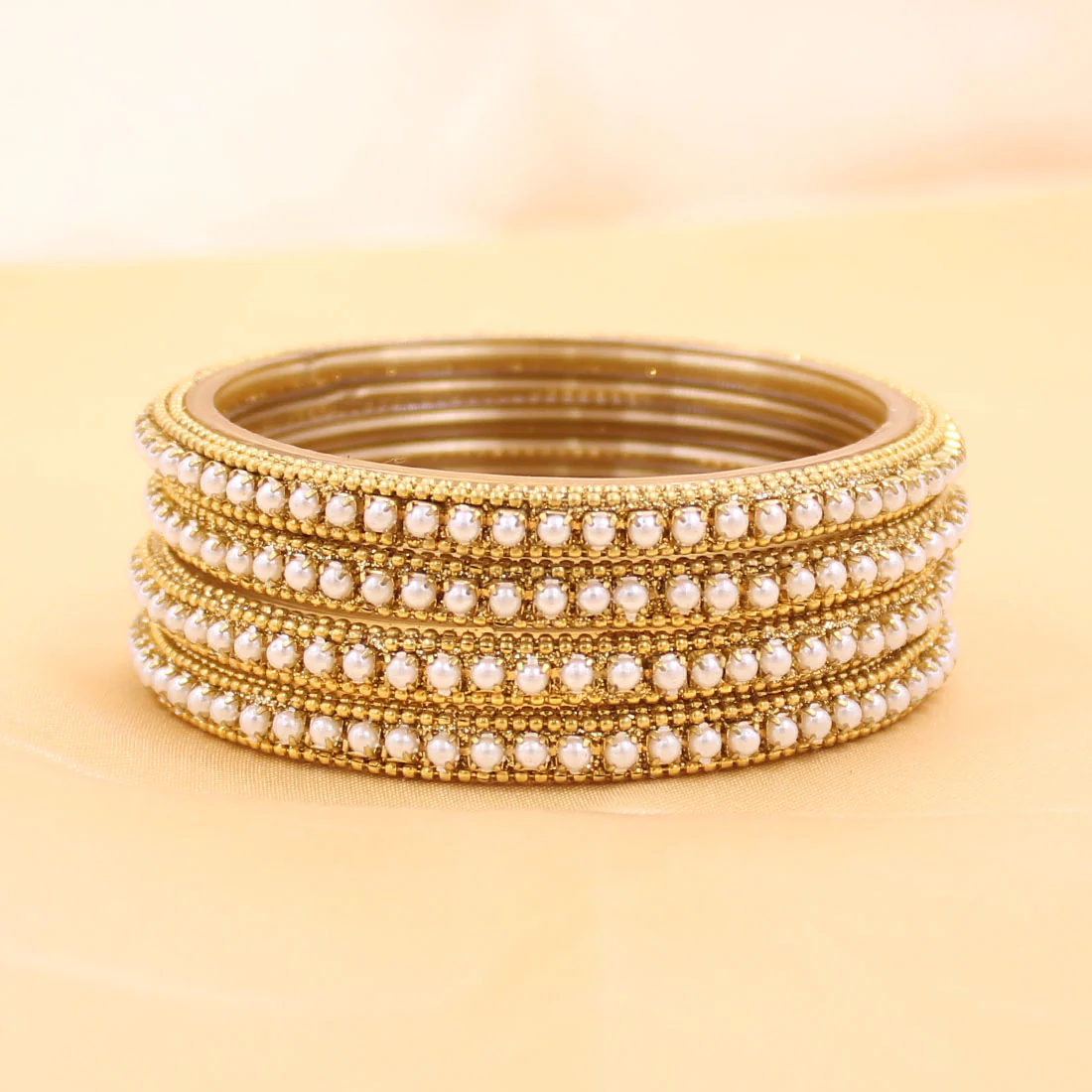Set of 4 Glass Bangles with Running White Beads by Leshya - Image 3