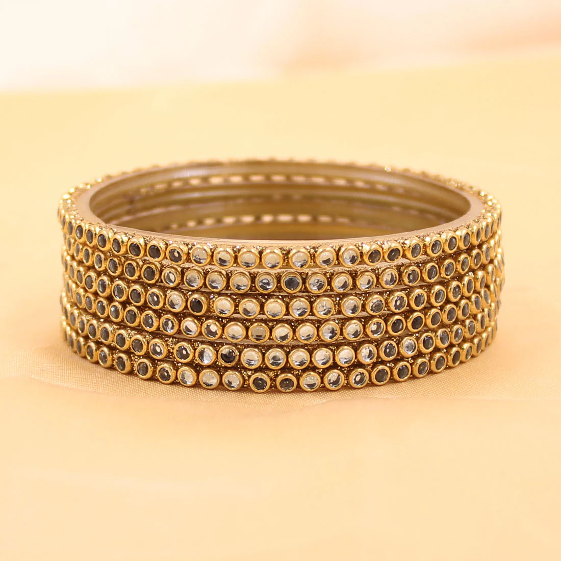Set of 6 Glass Bangles with Running White Kundan by Leshya - Image 3