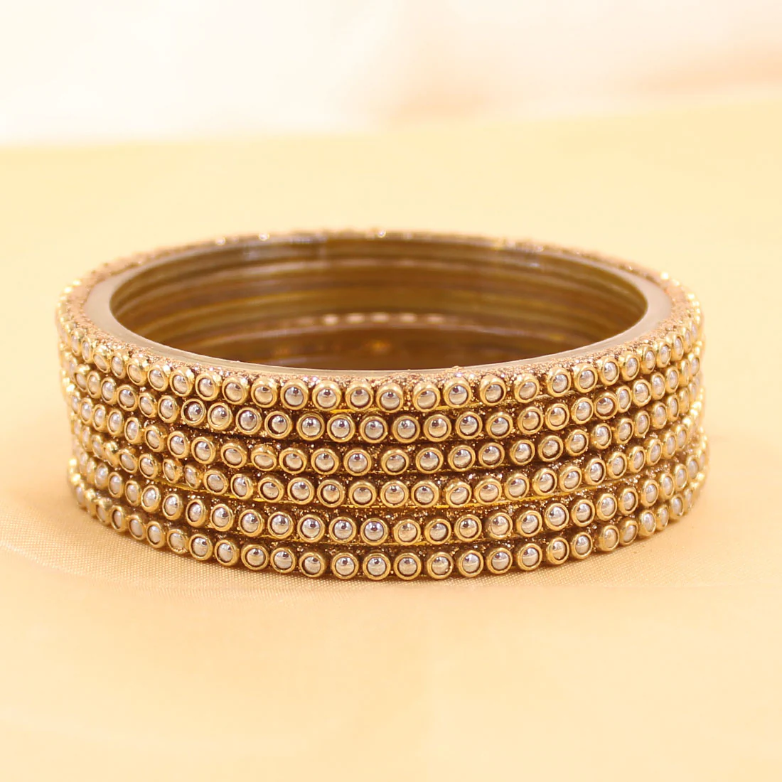Set of 6 Glass Bangles with Running Golden Polki by Leshya - Image 3
