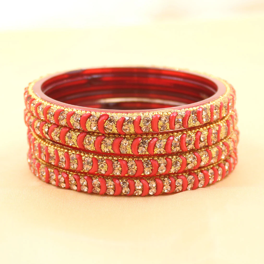Set of 4 Glass Bracelets with Running Red Stones by Leshya - Image 3
