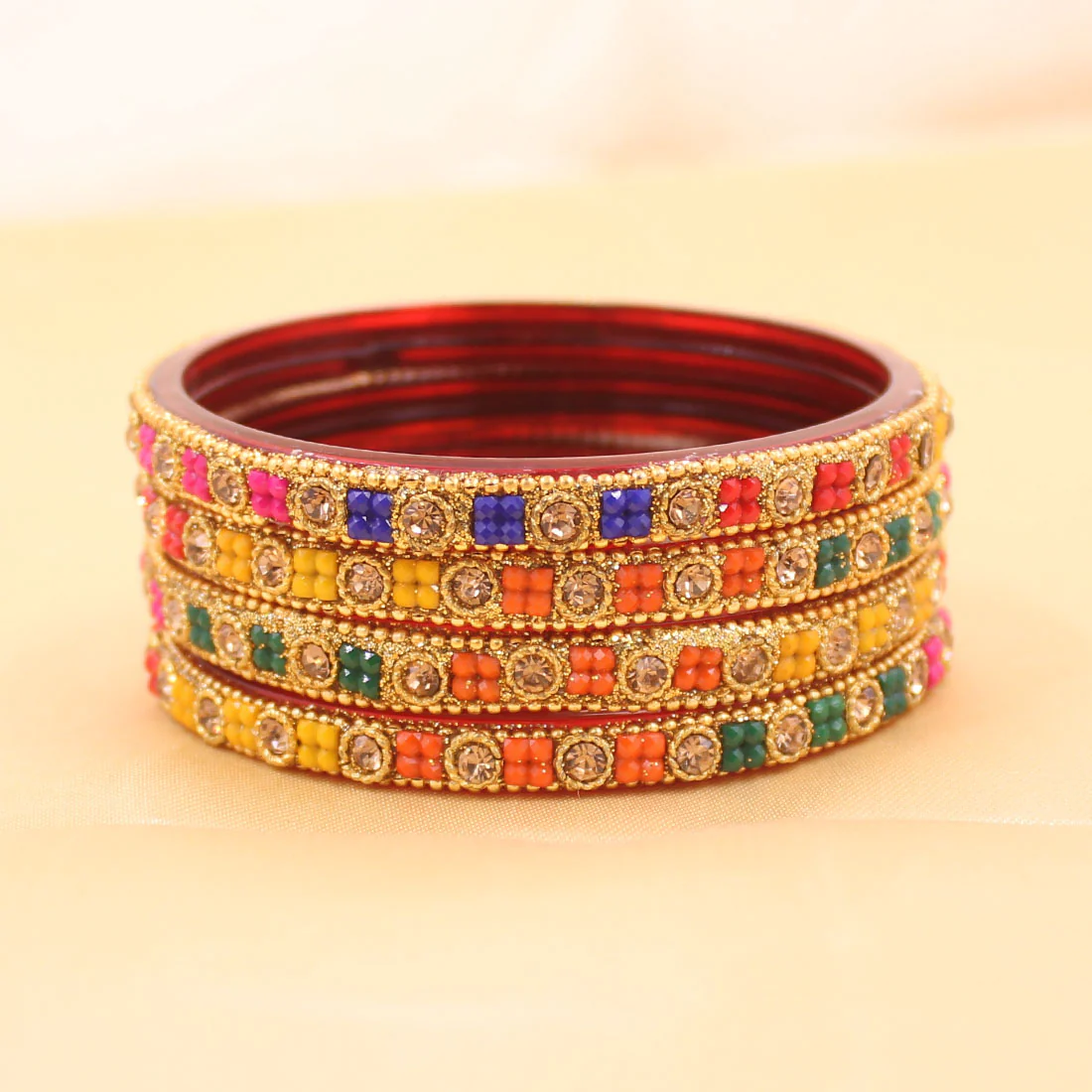 Set of 4 Beautiful Glass Bangles with Stone Pattern by Leshya - Image 3