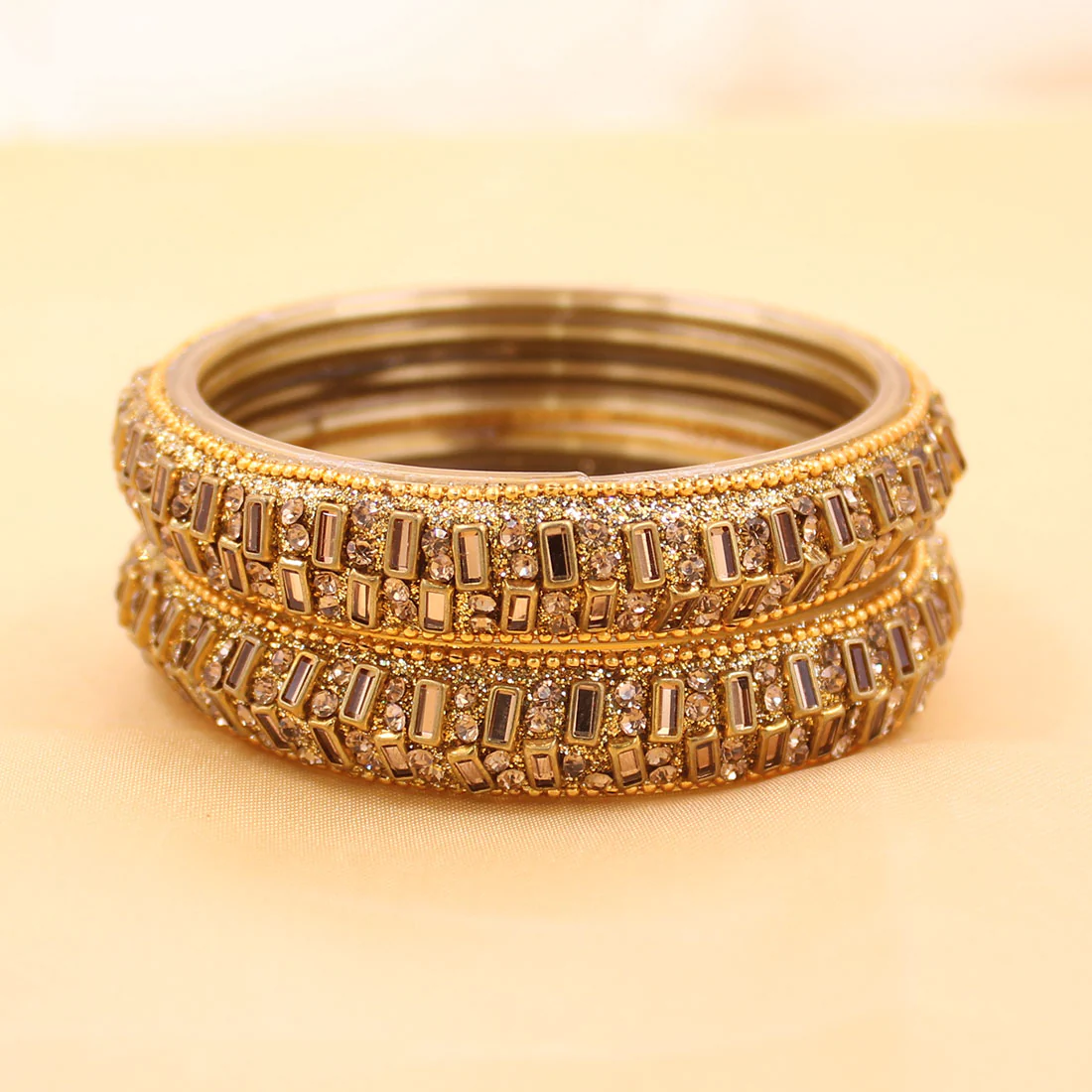 Pair of Golden Glass Bracelets with Rectangular Kundan by Leshya - Image 3