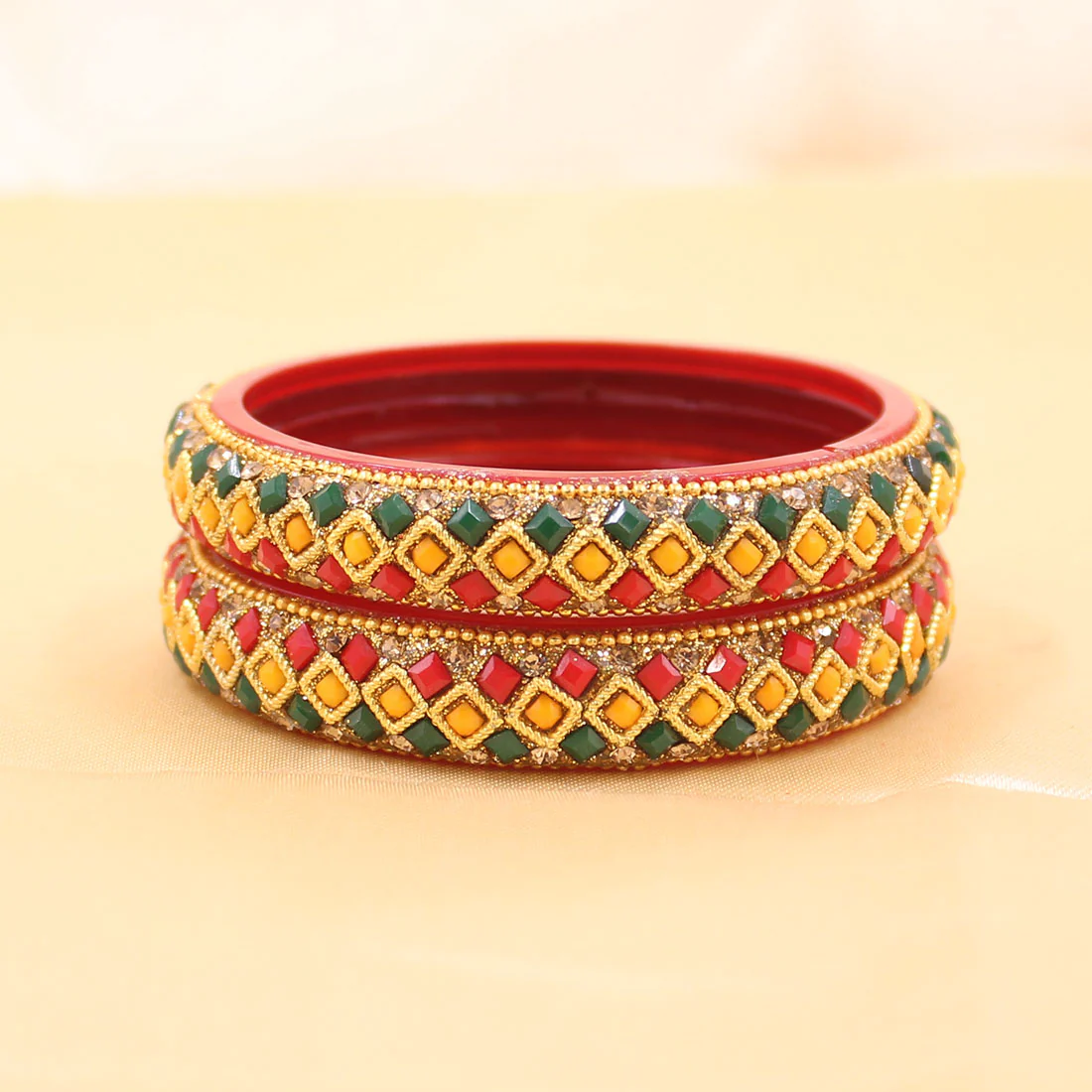 Pair Of Glass Bangle Kada with Three Line stones by Leshya - Image 3