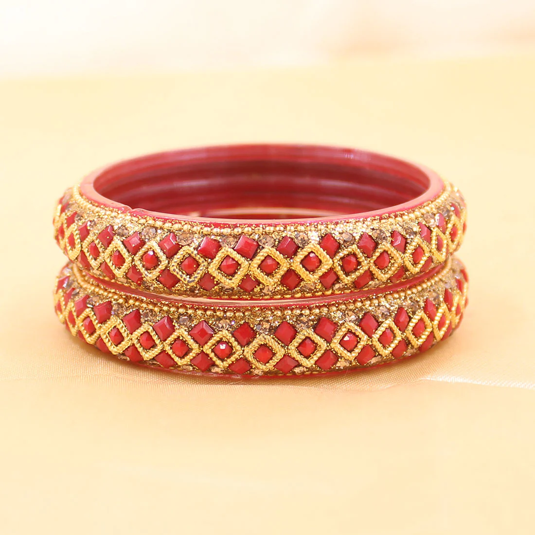 Pair Of Glass Bangle Kada with Three Line stones by Leshya - Image 6