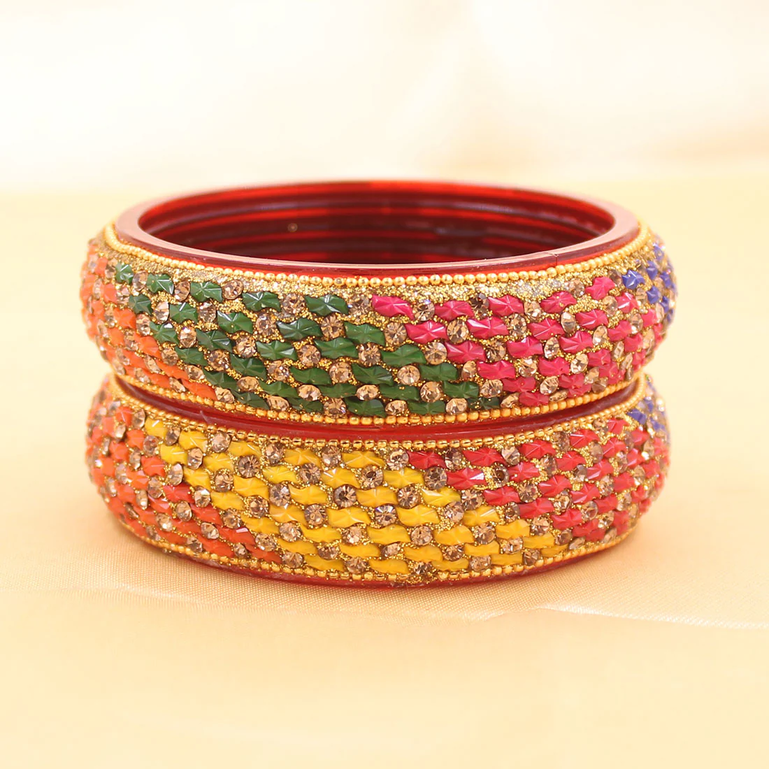 Pair of Glass Bangles with Running Stone Pattern by Leshya - Image 3