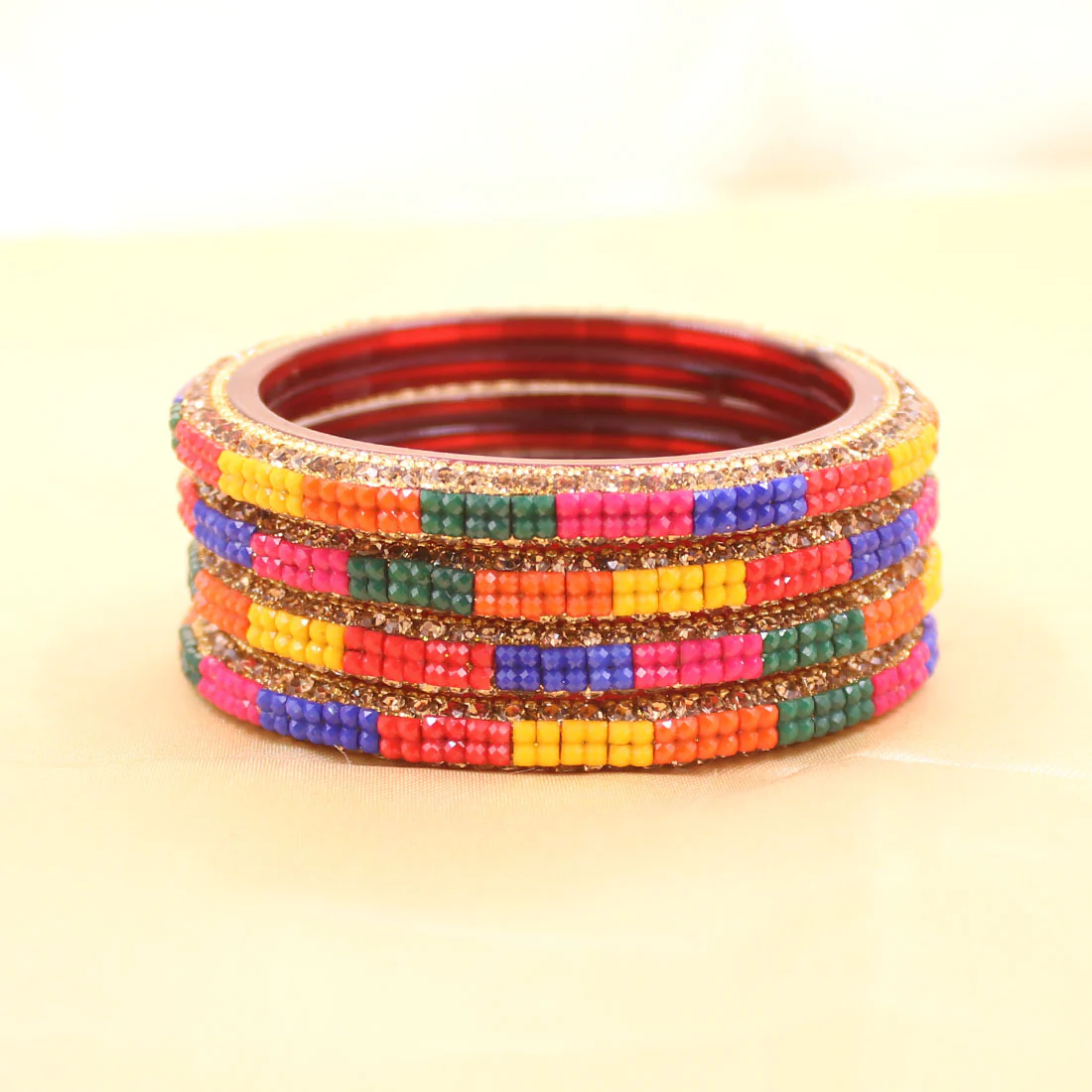 Set of 4 Glass Bangles with Check Pattern Stone by Leshya - Image 3