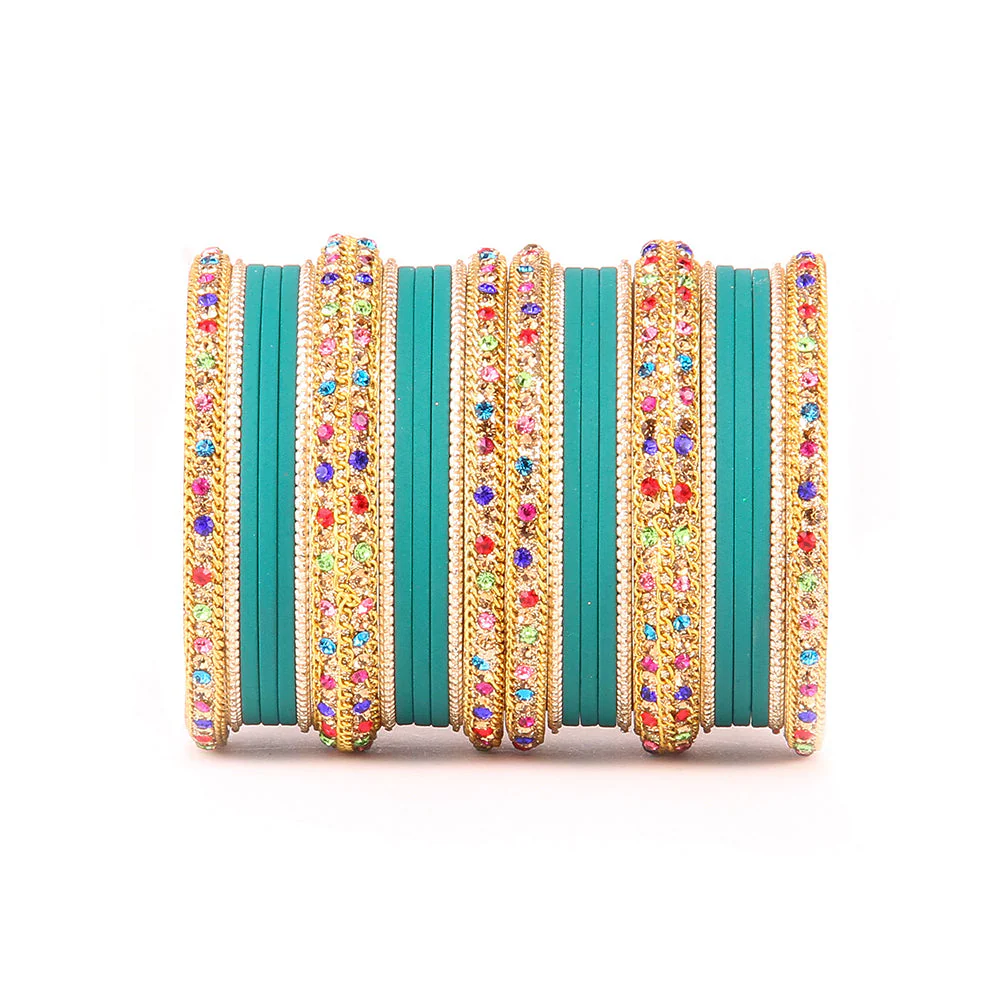 Golden Kada With Multi-Colored Stones And Matte Finish Bangle Set For Women - Image 11