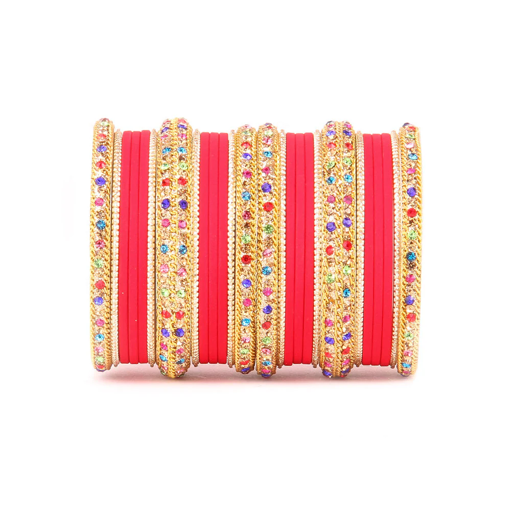 Golden Kada With Multi-Colored Stones And Matte Finish Bangle Set For Women - Image 13