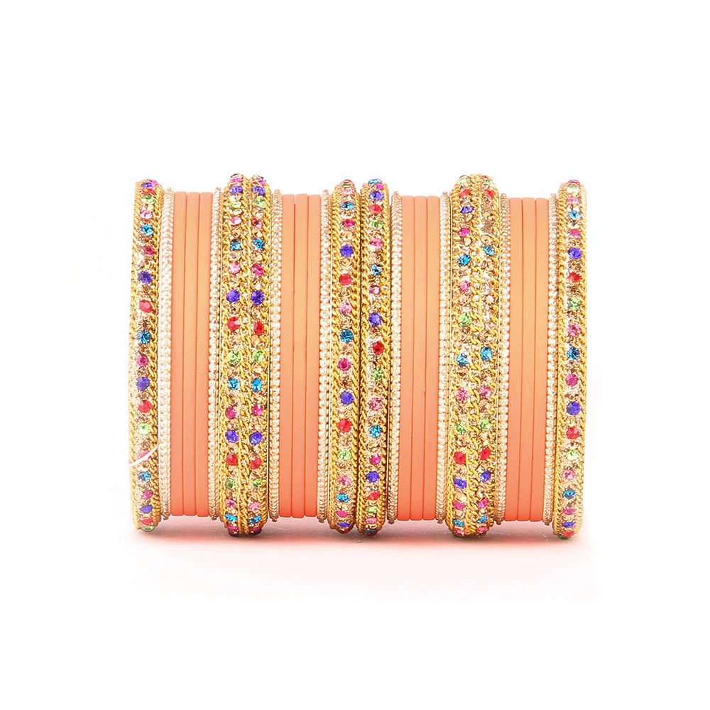 Golden Kada With Multi-Colored Stones And Matte Finish Bangle Set For Women - Image 5