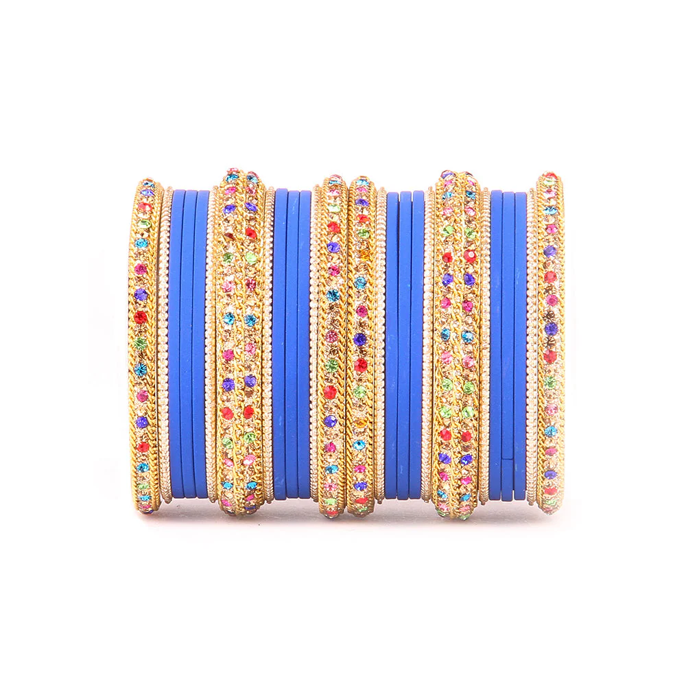 Golden Kada With Multi-Colored Stones And Matte Finish Bangle Set For Women - Image 7