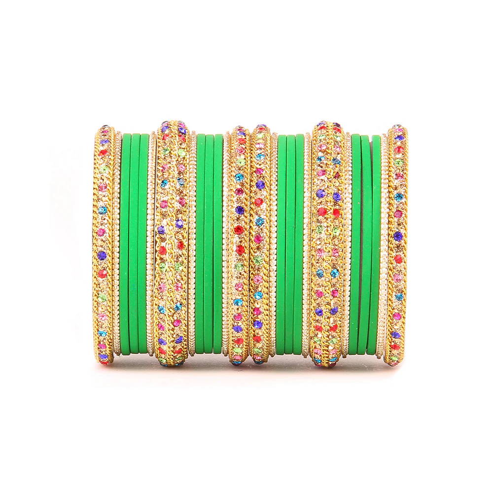 Golden Kada With Multi-Colored Stones And Matte Finish Bangle Set For Women - Image 9