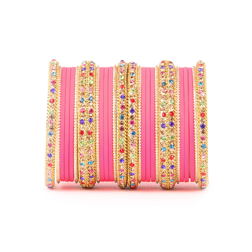 Golden Kada With Multi-Colored Stones And Matte Finish Bangle Set For Women - Image 11