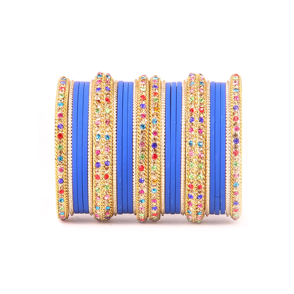Golden Kada With Multi-Colored Stones And Matte Finish Bangle Set For Women - Image 3