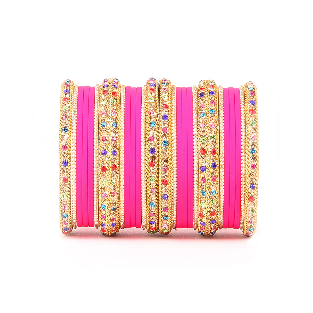 Golden Kada With Multi-Colored Stones And Matte Finish Bangle Set For Women - Image 5