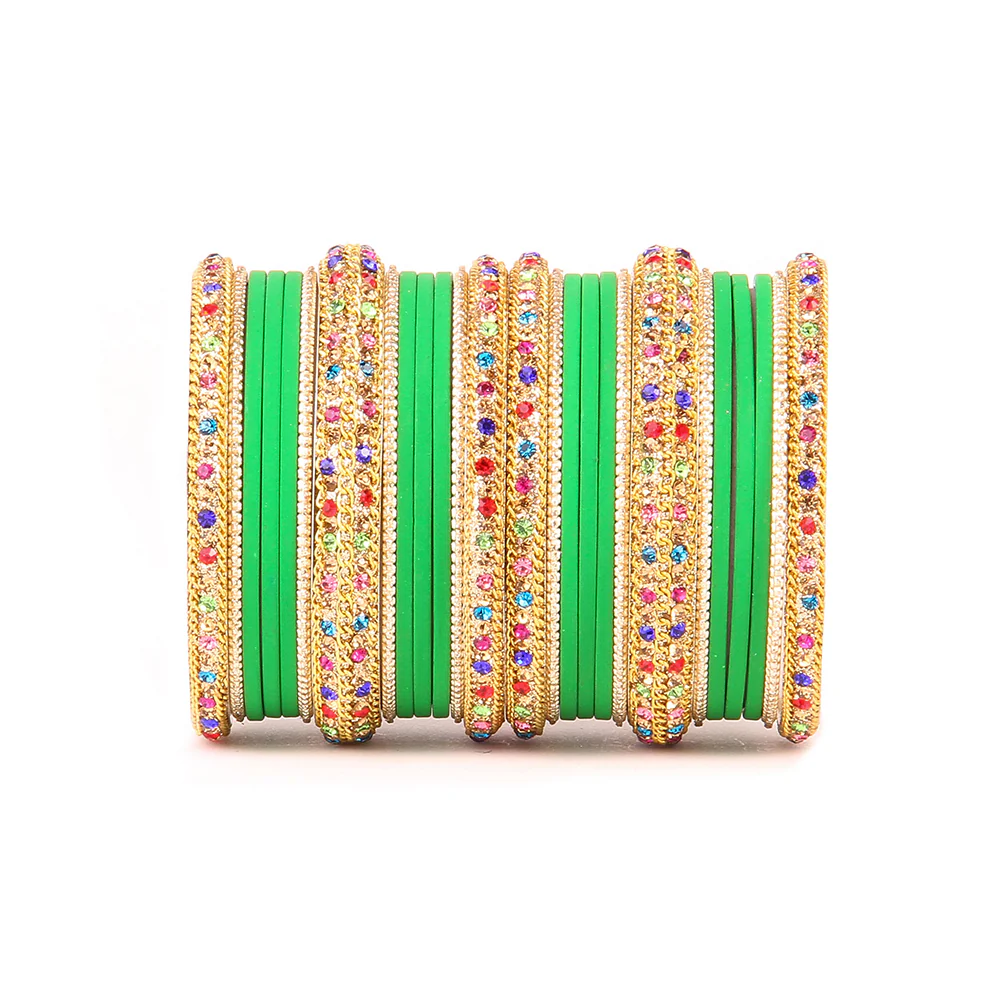 Golden Kada With Multi-Colored Stones And Matte Finish Bangle Set For Women - Image 7