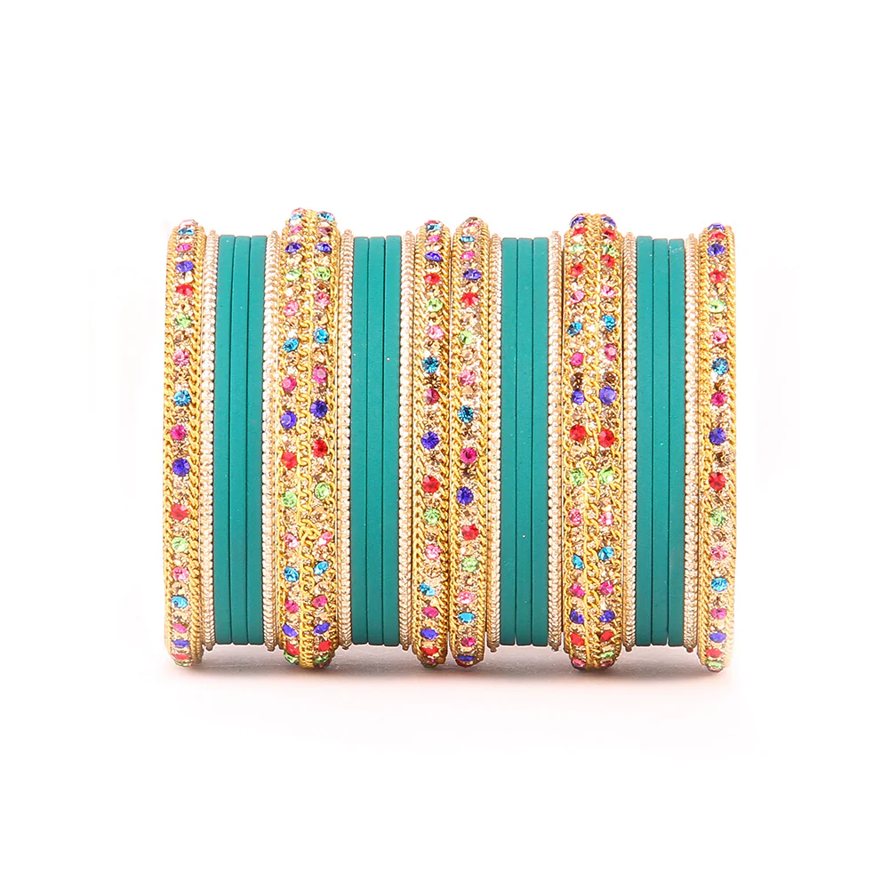 Golden Kada With Multi-Colored Stones And Matte Finish Bangle Set For Women - Image 9