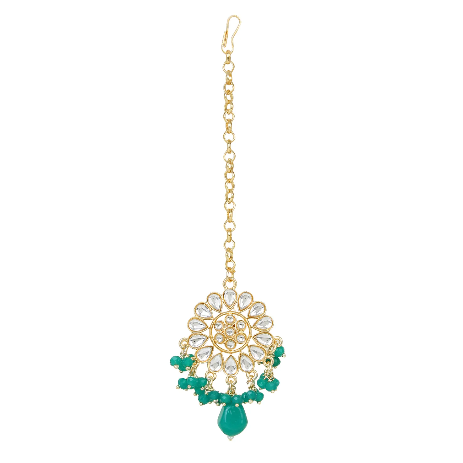 Green Kundan Beaded Necklace with Earring & Maang Tikka by Leshya - Image 4