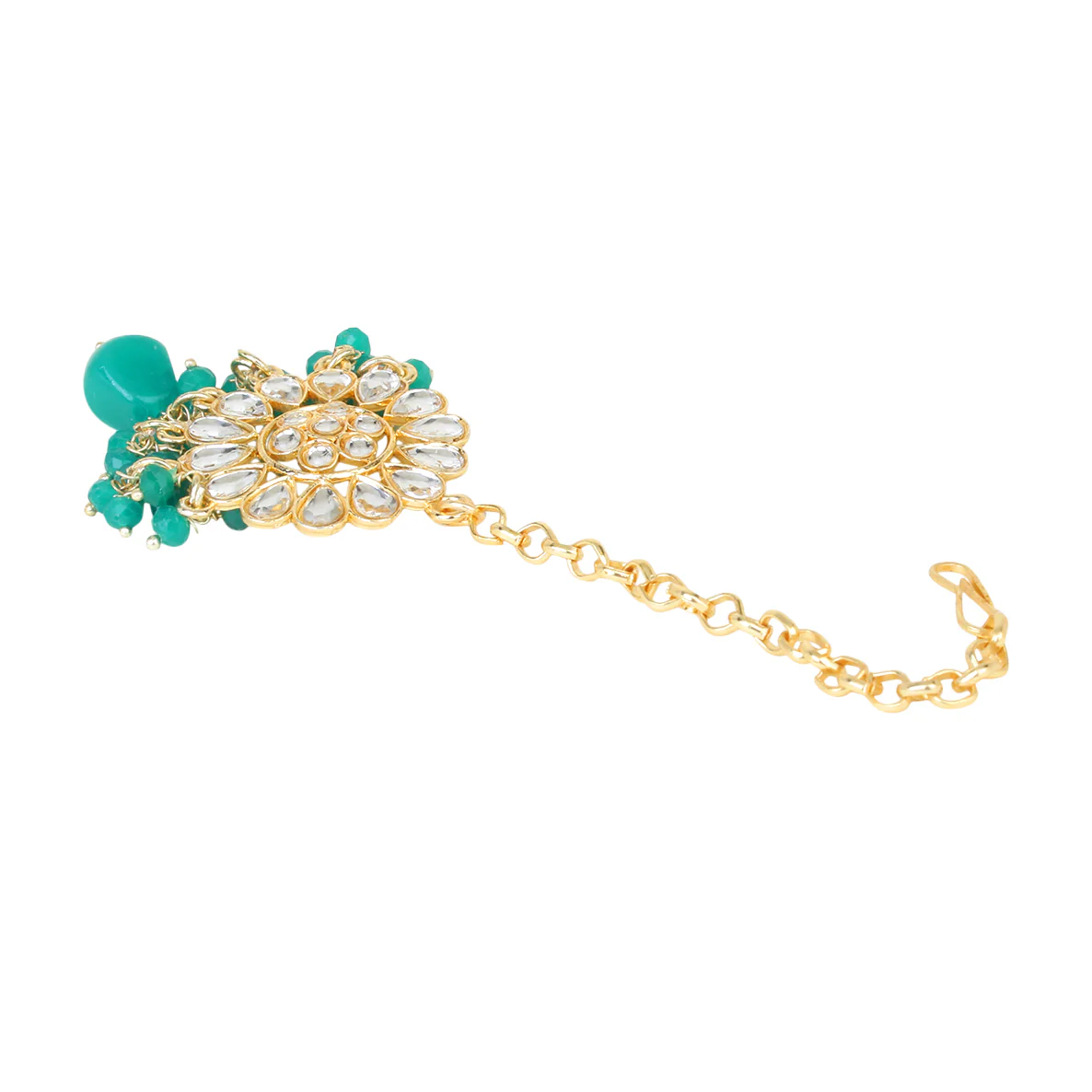 Green Kundan Beaded Necklace with Earring & Maang Tikka by Leshya - Image 7