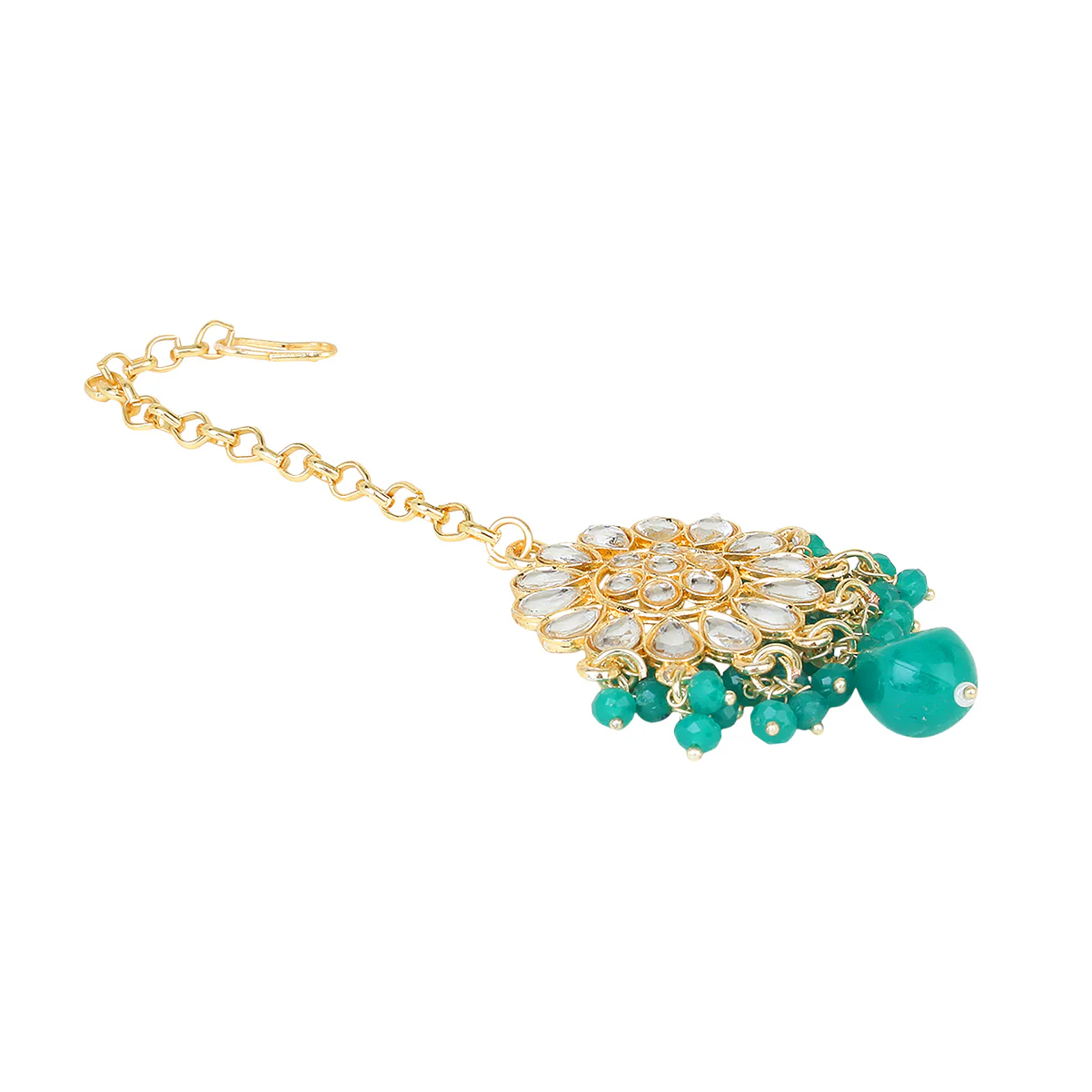 Green Kundan Beaded Necklace with Earring & Maang Tikka by Leshya - Image 8
