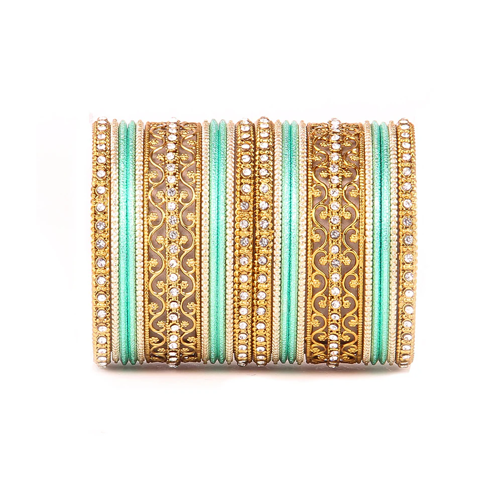 Intricate Bracelet With Running Stone Work And Shinning Bangle Set - Image 7