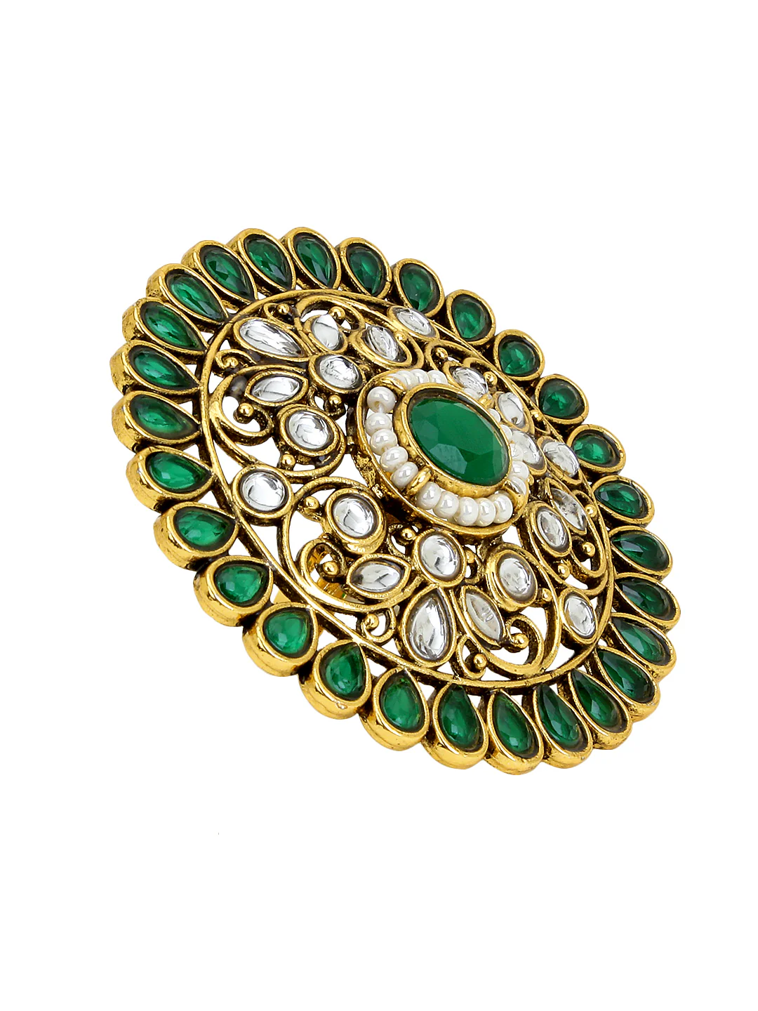 Intricate Green Kundan Ring in Free size by Leshya - Image 3