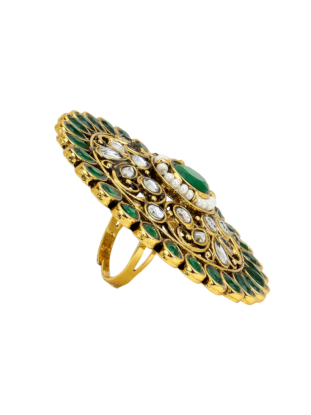Intricate Green Kundan Ring in Free size by Leshya - Image 4