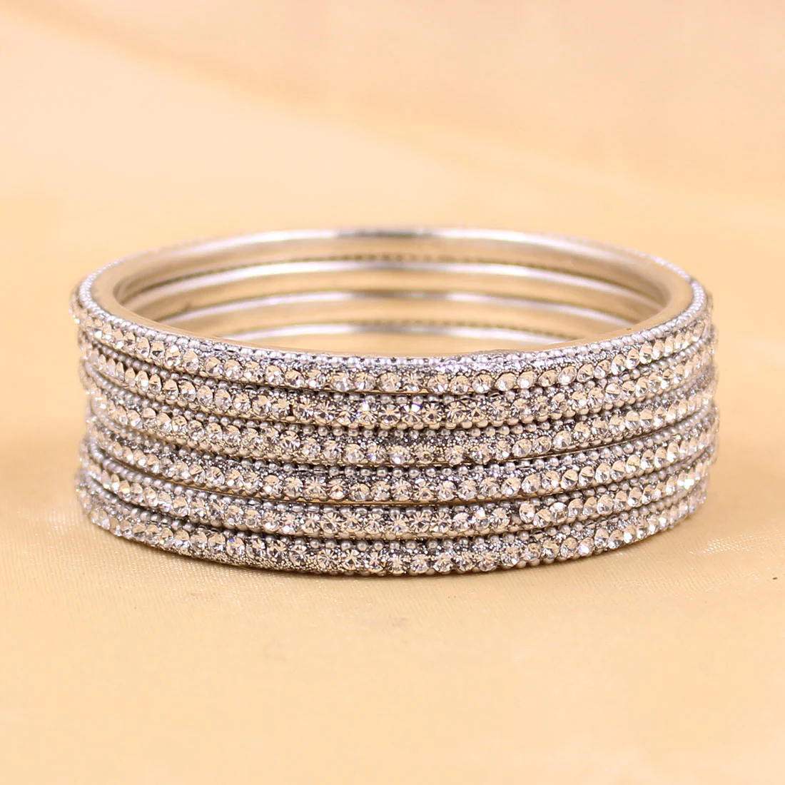 Brass Based Silver Coloured Bangles with Silver Stones by Leshya - Image 3