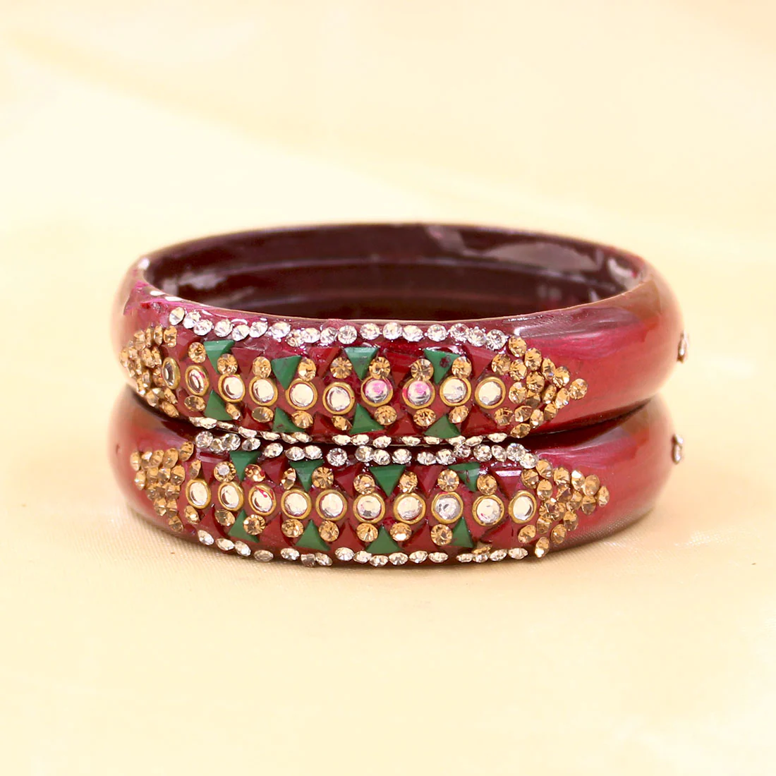 Pair of Brass Based Bracelets with Pattern Stones by Leshya - Image 3