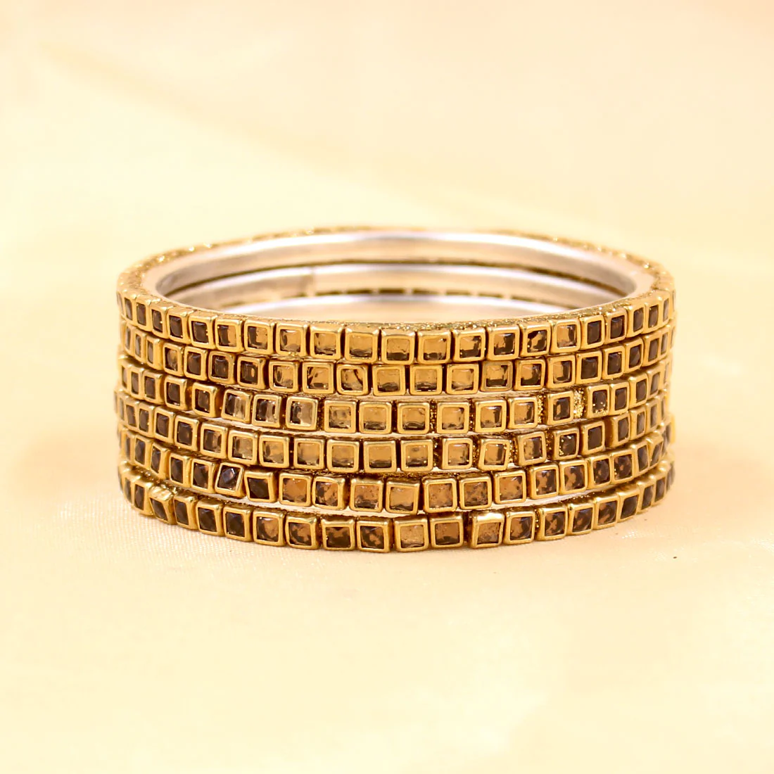 Brass Based Bangles with Square Kundan Stone by Leshya - Image 3