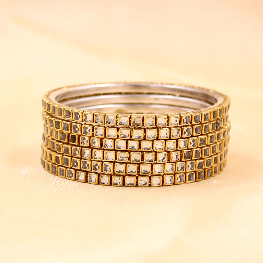 Brass Based Bangles with Square Kundan Stone by Leshya - Image 6