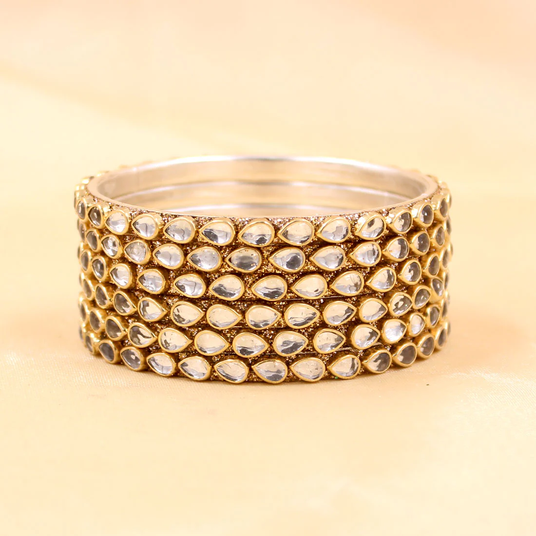 Brass Based Bangles with Ambi Shaped Kundan Stone by Leshya - Image 3