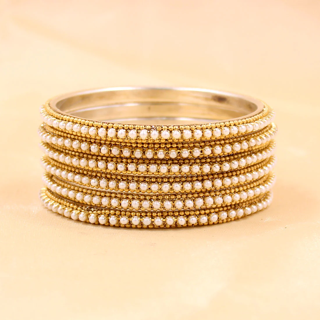 Brass Based Bangles with White Bead and Ball chain Border by Leshya - Image 3