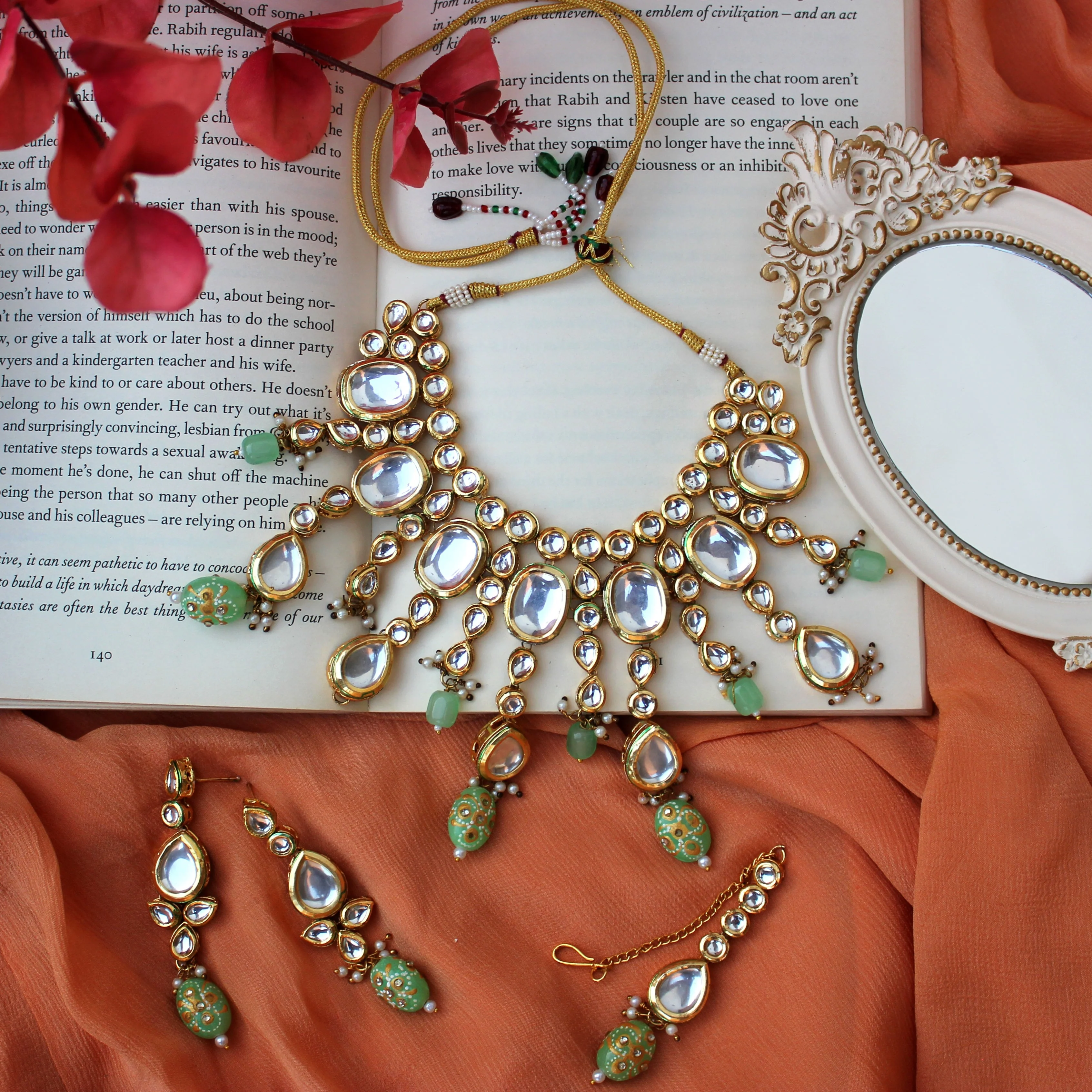 Kundan Necklace Set with Maang Tikka and Earrings - Image 2