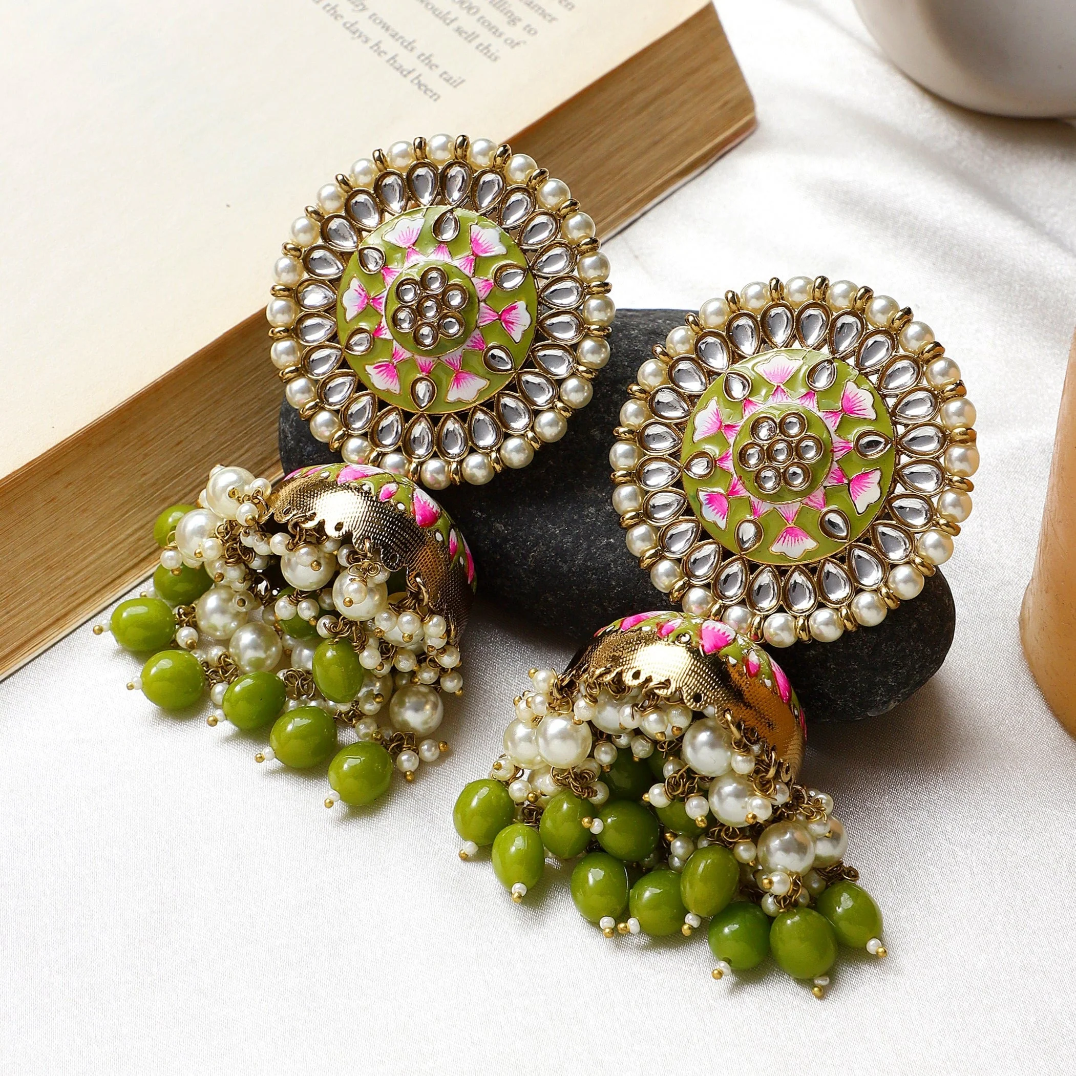 Meenakari Earrings with Kundan Pearl & Jhumka by Leshya - Image 3