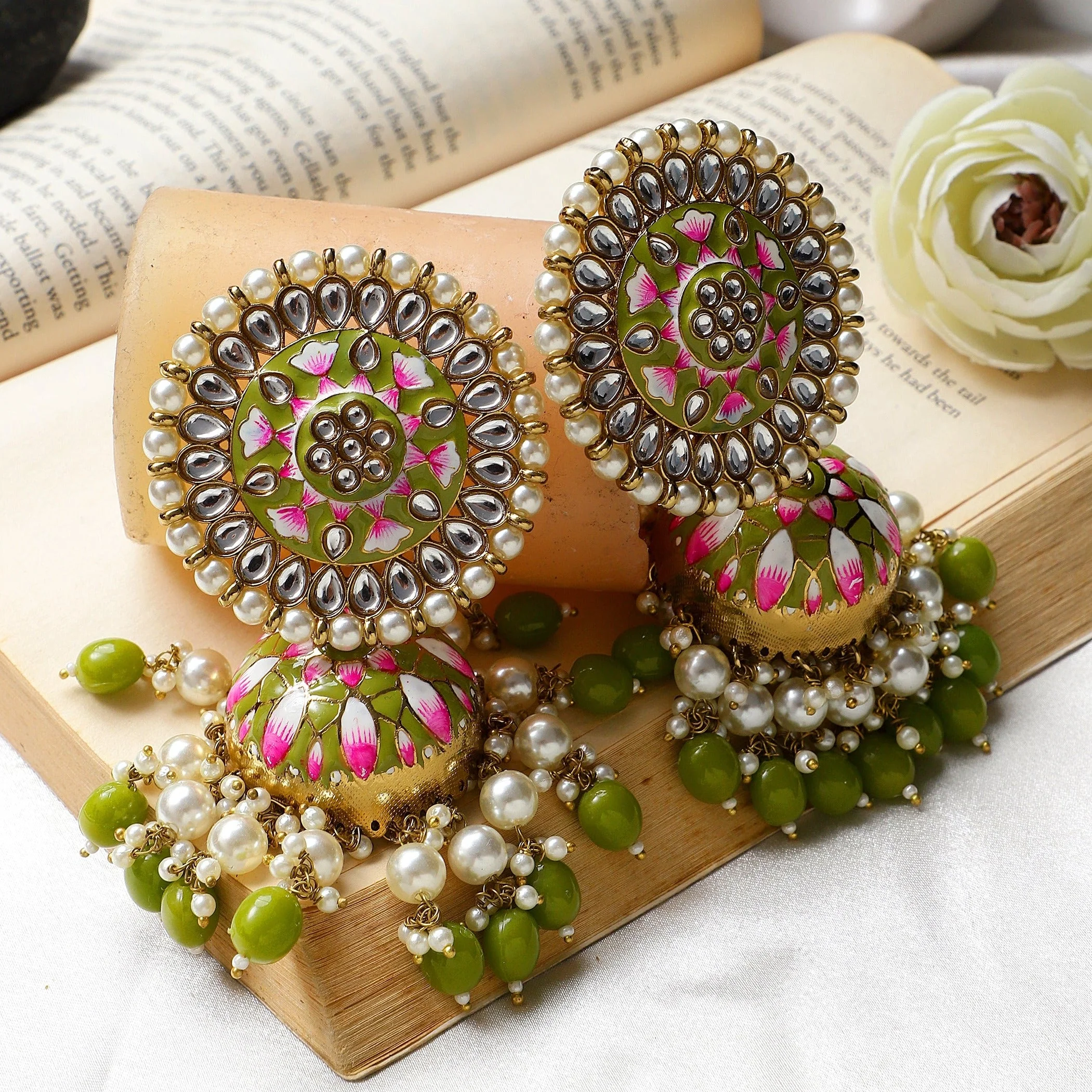 Meenakari Earrings with Kundan Pearl & Jhumka by Leshya - Image 4