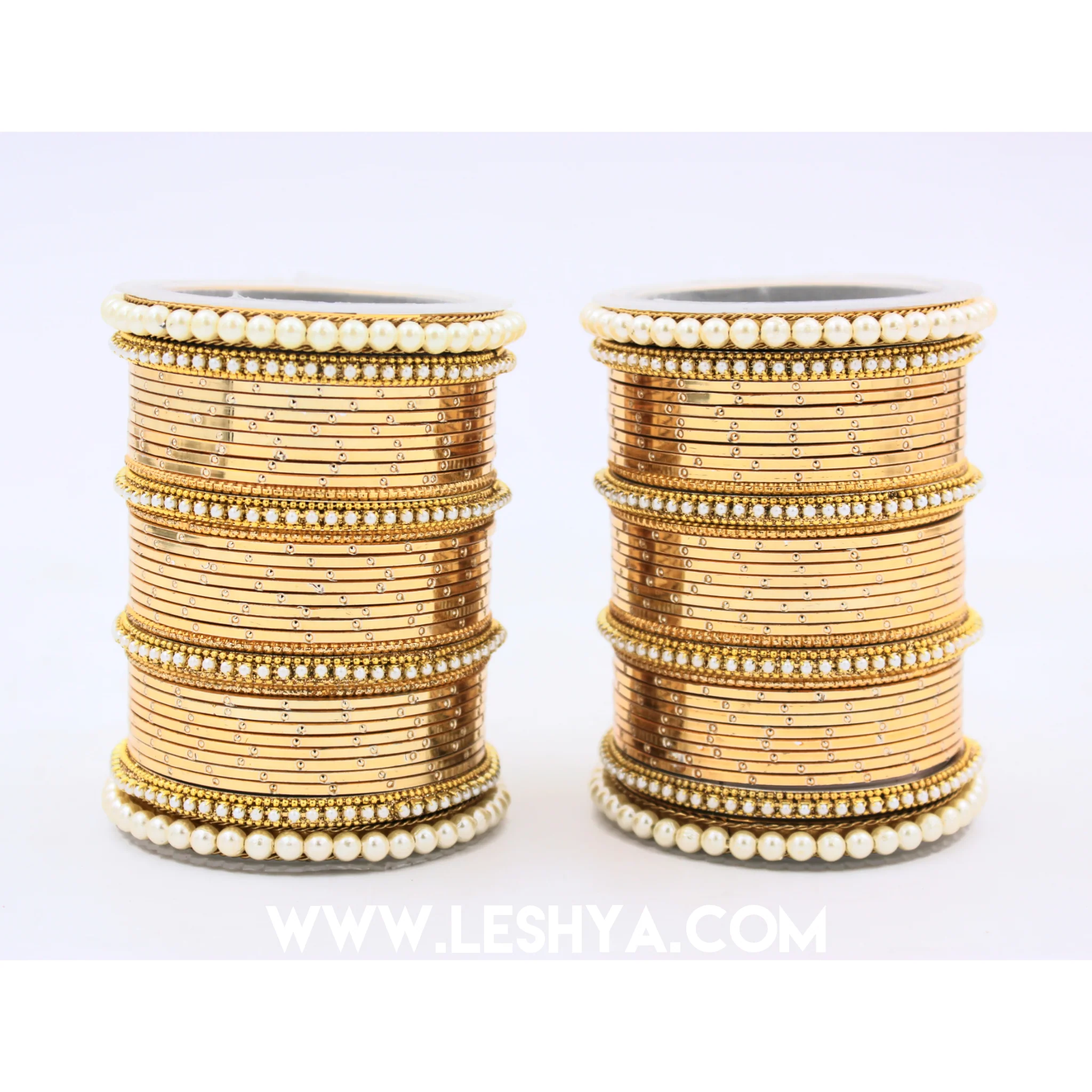 Metal Shining Bangle Set with Pearl Sides by Leshya - Image 3