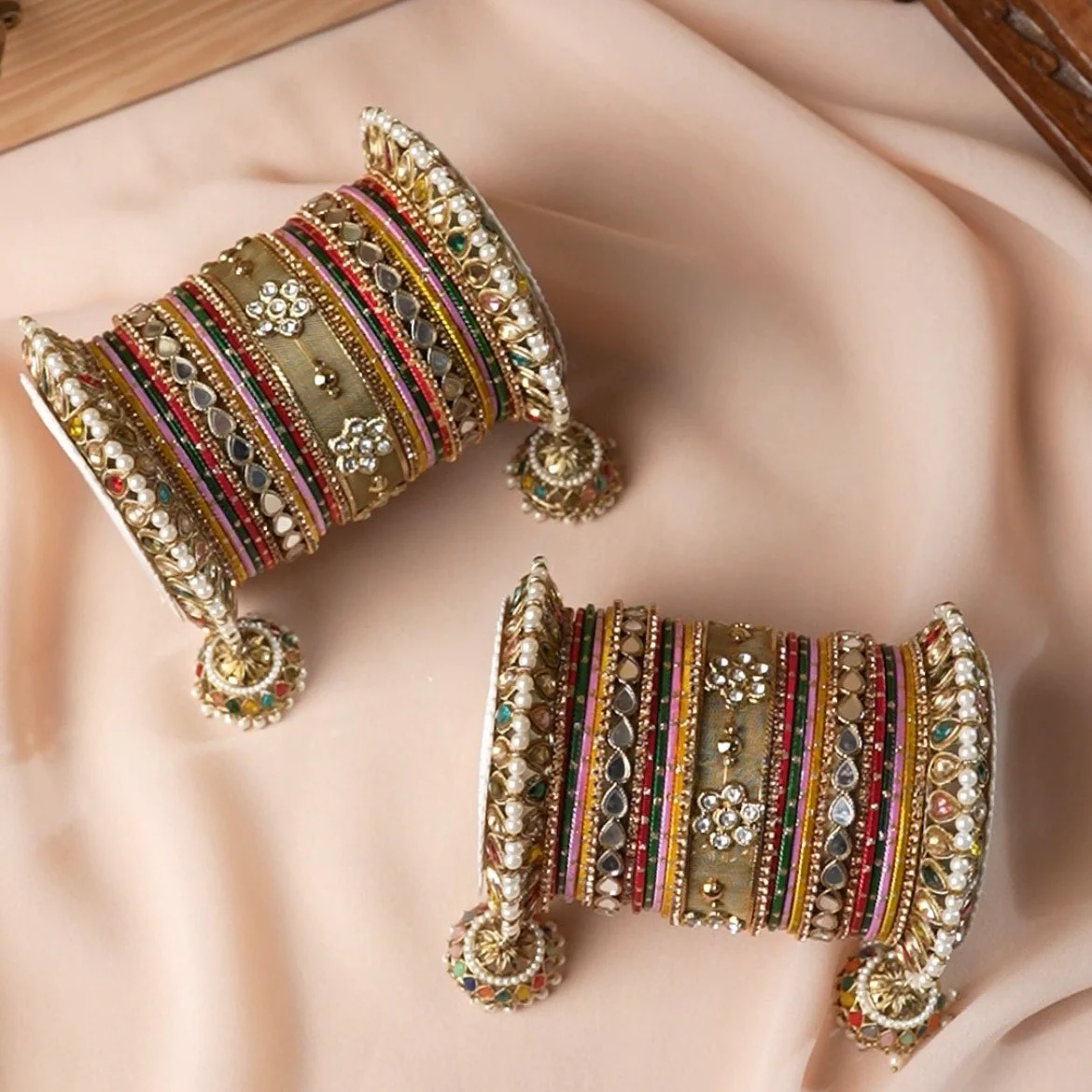 Multicoloured Jhumki Bangle with Jaaliwork Kada set by Leshya - Image 2