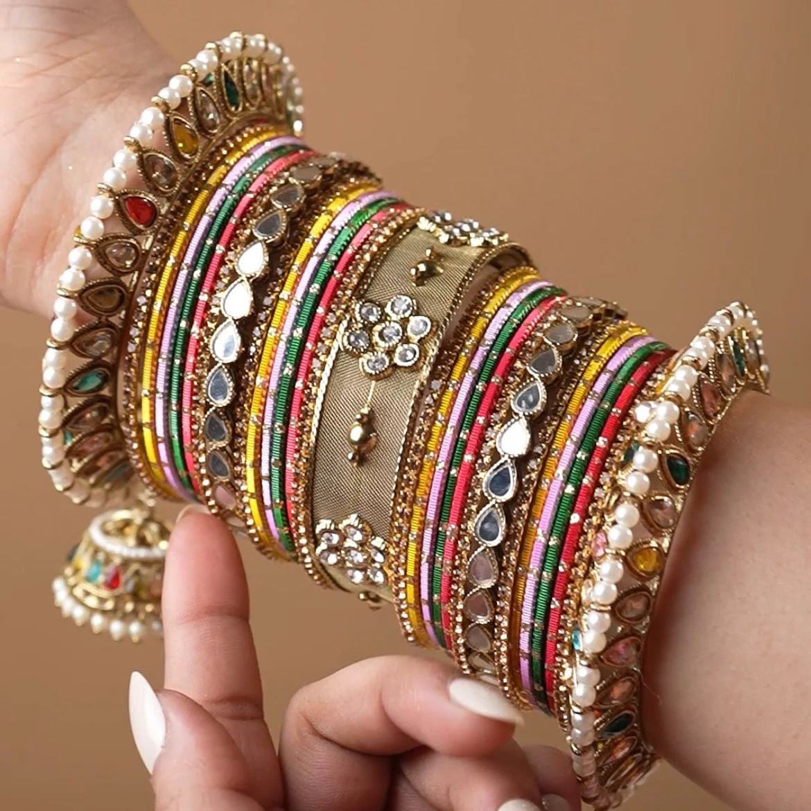 Multicoloured Jhumki Bangle with Jaaliwork Kada set by Leshya - Image 3