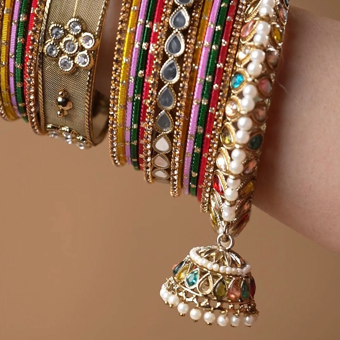 Multicoloured Jhumki Bangle with Jaaliwork Kada set by Leshya - Image 4